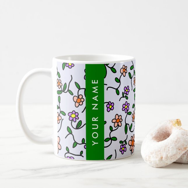 Colourful Flowers, Blue Background, Green Coffee Mug (With Donut)