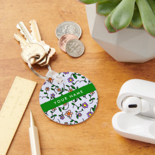 Colourful Flowers, Blue Background, Green Keychain