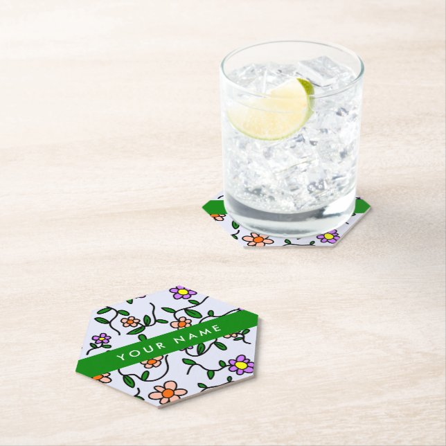 Colourful Flowers, Blue Background, Green Paper Coaster (Insitu)