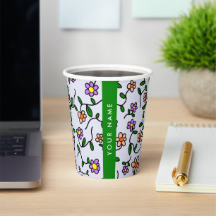 Colourful Flowers, Blue Background, Green Paper Cups