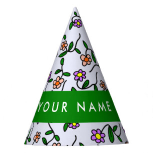 Colourful Flowers, Blue Background, Green Party Hat