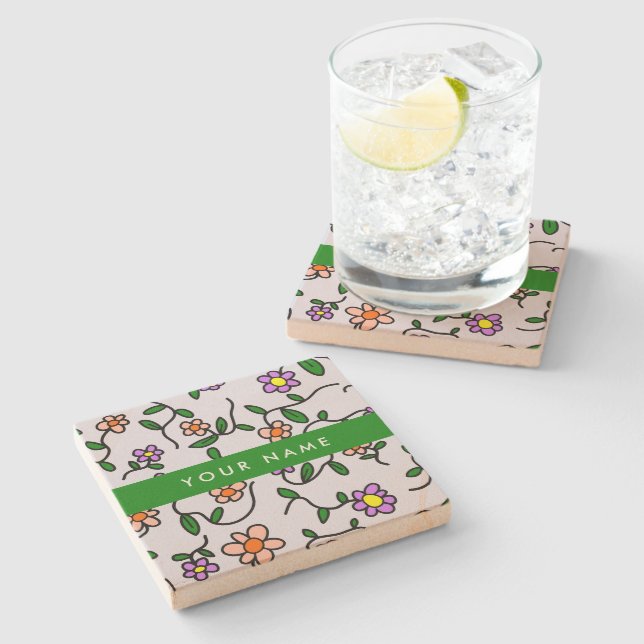 Colourful Flowers, Blue Background, Green Stone Coaster (Side)