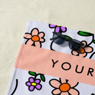 Colourful Flowers, Blue Background, Orange Beach Towel