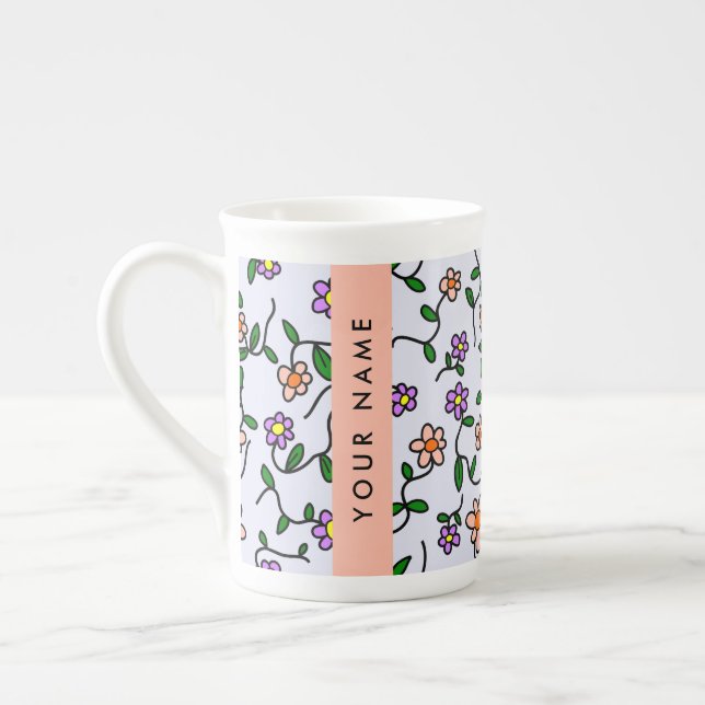 Colourful Flowers, Blue Background, Orange Bone China Mug (Left)