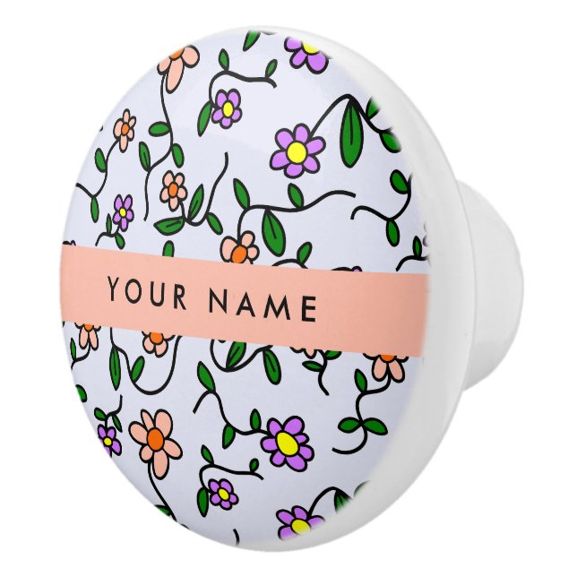 Colourful Flowers, Blue Background, Orange Ceramic Knob (Right)