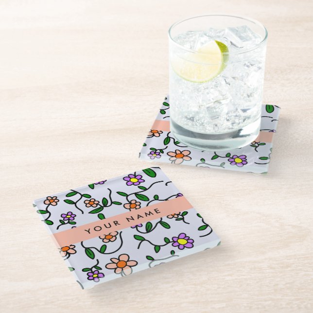 Colourful Flowers, Blue Background, Orange Glass Coaster (Angled)