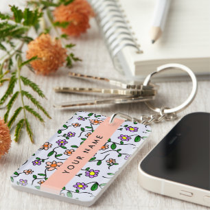 Colourful Flowers, Blue Background, Orange Keychain