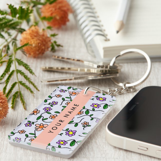 Colourful Flowers, Blue Background, Orange Keychain (Front Right)