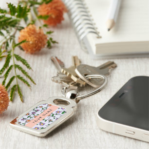 Colourful Flowers, Blue Background, Orange Keychain
