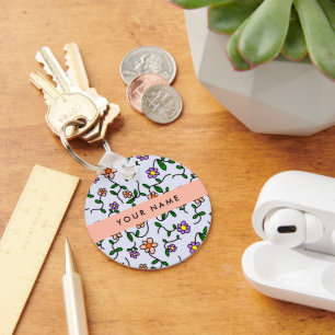 Colourful Flowers, Blue Background, Orange Keychain