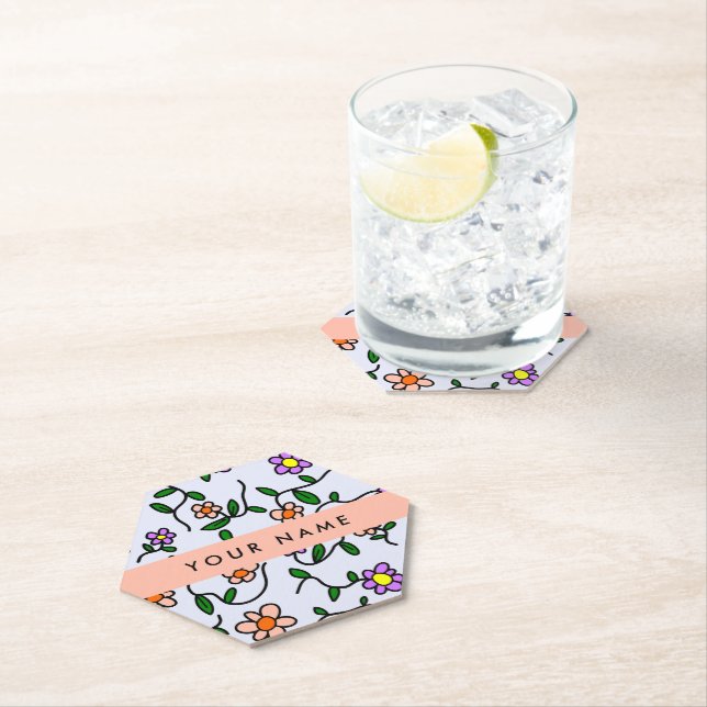 Colourful Flowers, Blue Background, Orange Paper Coaster (Insitu)