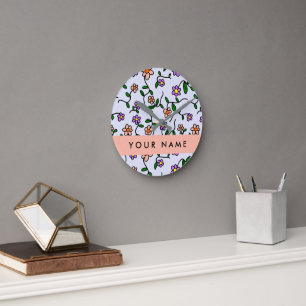 Colourful Flowers, Blue Background, Orange Round Clock
