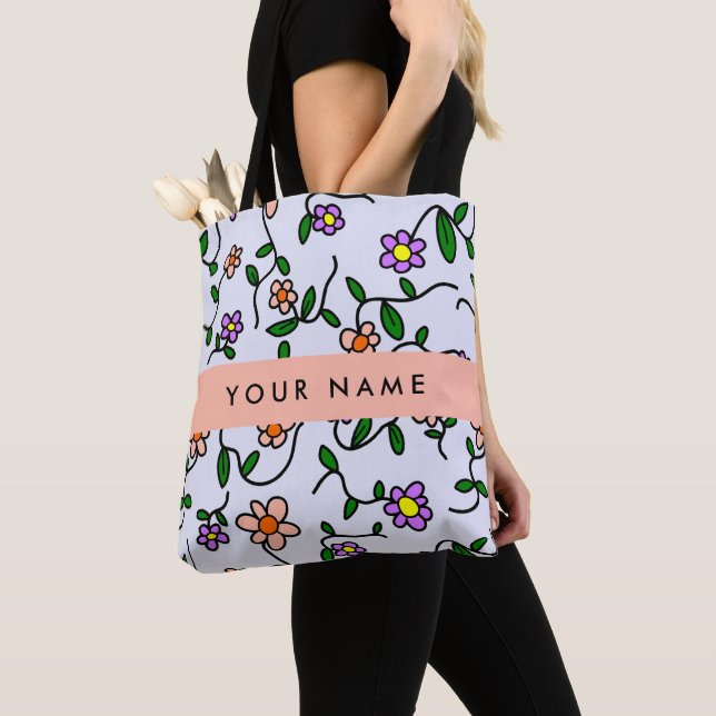 Colourful Flowers, Blue Background, Orange Tote Bag (Close Up)