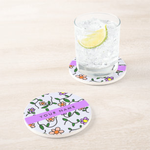 Colourful Flowers, Blue Background, Purple Coaster