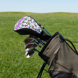 Colourful Flowers, Blue Background, Purple Golf Head Cover