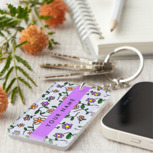 Colourful Flowers, Blue Background, Purple Keychain