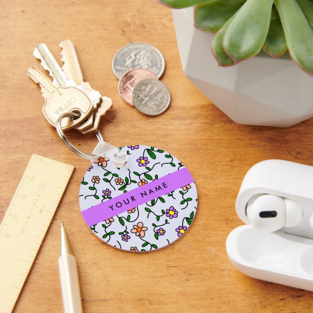 Colourful Flowers, Blue Background, Purple Keychain (Desk)