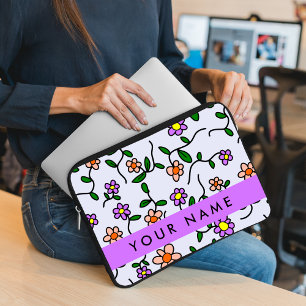 Colourful Flowers, Blue Background, Purple Laptop Sleeve