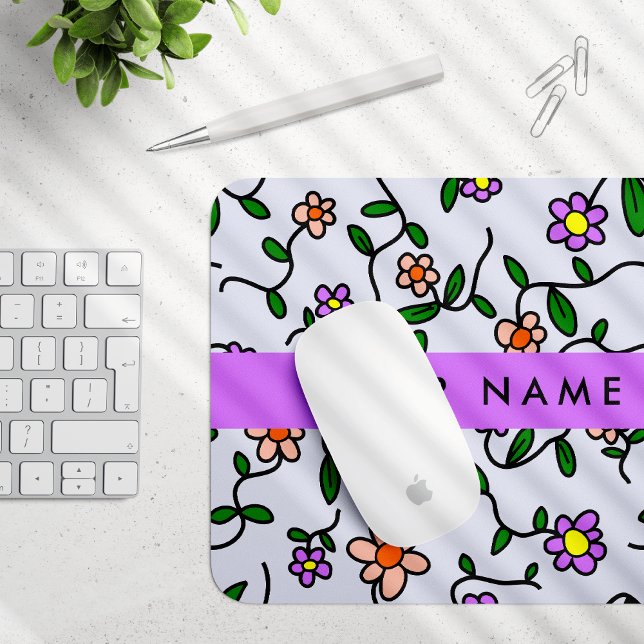 Colourful Flowers, Blue Background, Purple Mouse Pad (Creator Uploaded)