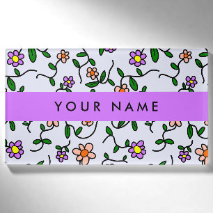 Colourful Flowers, Blue Background, Purple Name Tag