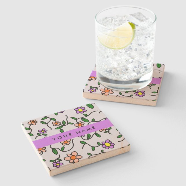 Colourful Flowers, Blue Background, Purple Stone Coaster (Side)