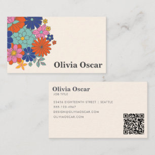 Colourful Flowers Boho Bright Retro Floral Art QR Business Card