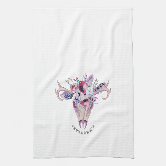 Colourful Flowers Boho Skull Kitchen Towel (Vertical)