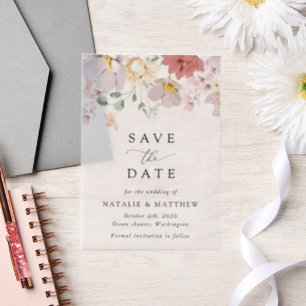 Colourful Flowers, Boho, Wedding Save The Date Vellum Invitations