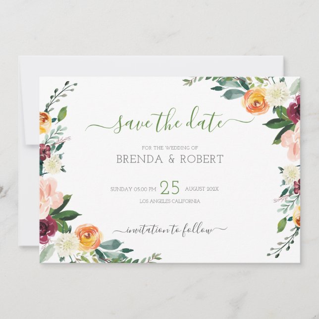 Colourful flowers border save the date (Front)