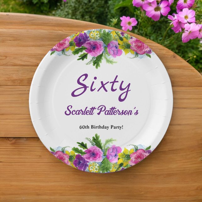 Colourful Flowers Botanical Floral 60th Birthday Paper Plate (Creator Uploaded)