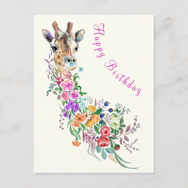 Colourful Flowers Bouquet Giraffe Birthday Card (Front)