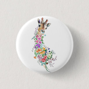 Colourful Flowers Bouquet Giraffe - Drawing Modern 1 Inch Round Button