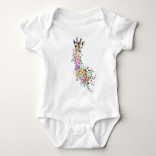 Colourful Flowers Bouquet Giraffe - Drawing Modern Baby Bodysuit