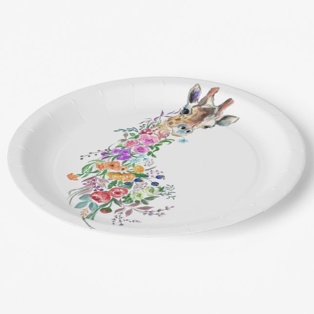 Colourful Flowers Bouquet Giraffe - Drawing Modern Paper Plate (Angled)