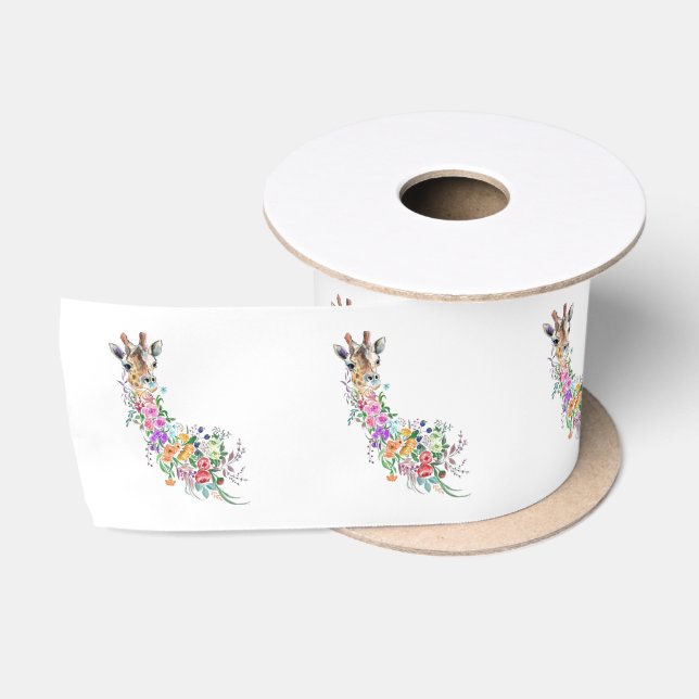 Colourful Flowers Bouquet Giraffe - Drawing Modern Satin Ribbon (Spool)