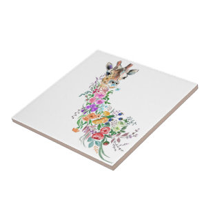 Colourful Flowers Bouquet Giraffe Tile