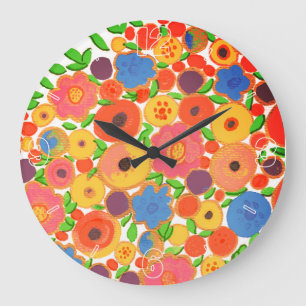 Colourful Flowers Bouquet in a Black Boho Vase Large Clock