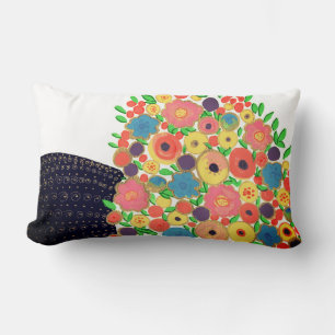 Colourful Flowers Bouquet in a Black Boho Vase Lumbar Pillow