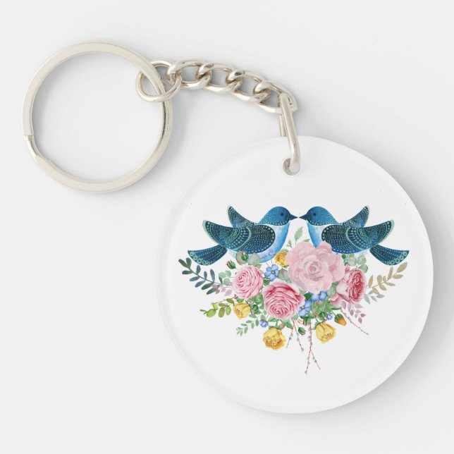 Colourful Flowers Bouquet & Love Birds  Keychain (Front)