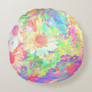 Colourful Flowers Bright Cheerful Round Pillow