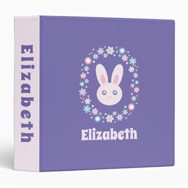 Colourful Flowers Cute Bunny Rabbit Lavender Blue Binder (Front/Spine)