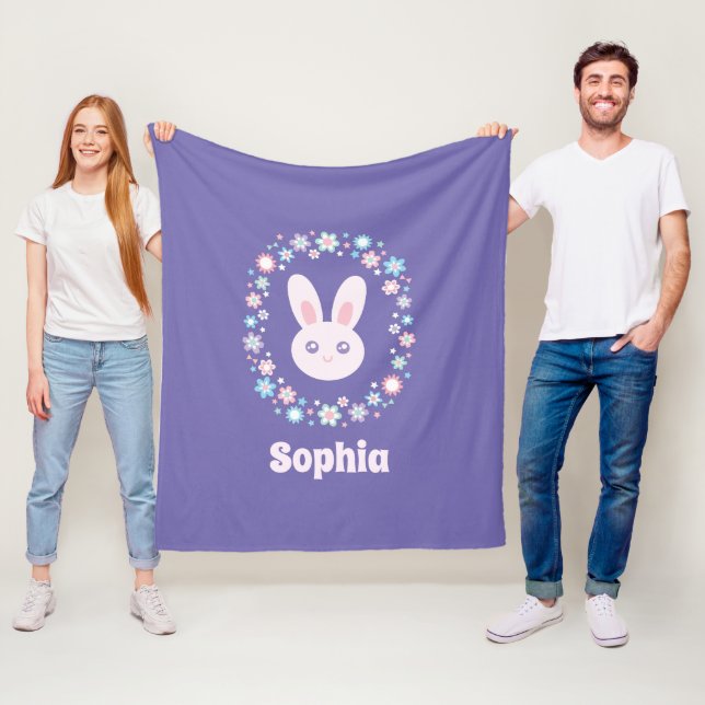 Colourful Flowers Cute Bunny Rabbit Lavender Blue Fleece Blanket (In Situ)