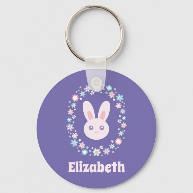 Colourful Flowers Cute Bunny Rabbit Lavender Blue Keychain (Front)