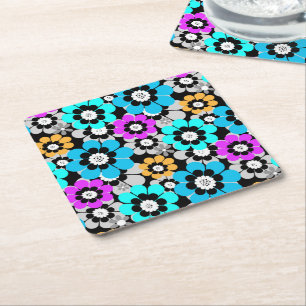 Colourful flowers daisies Blue Turquoise Purple  Square Paper Coaster