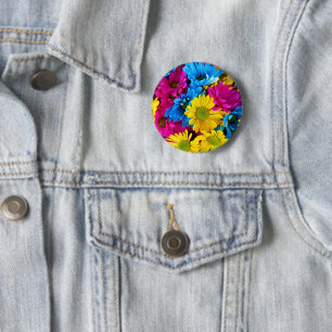 Colourful Flowers, Daisies - Blue Yellow Pink 2 Inch Round Button
