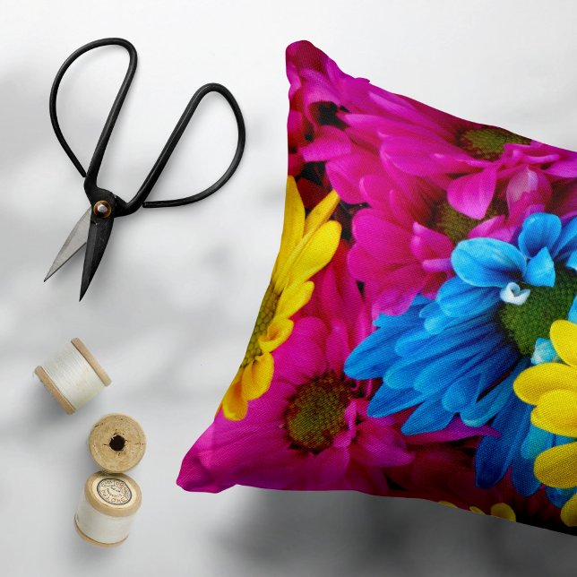 Colourful Flowers, Daisies - Blue Yellow Pink Accent Pillow (Creator Uploaded)