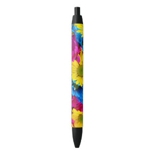 Colourful Flowers, Daisies - Blue Yellow Pink Black Ink Pen
