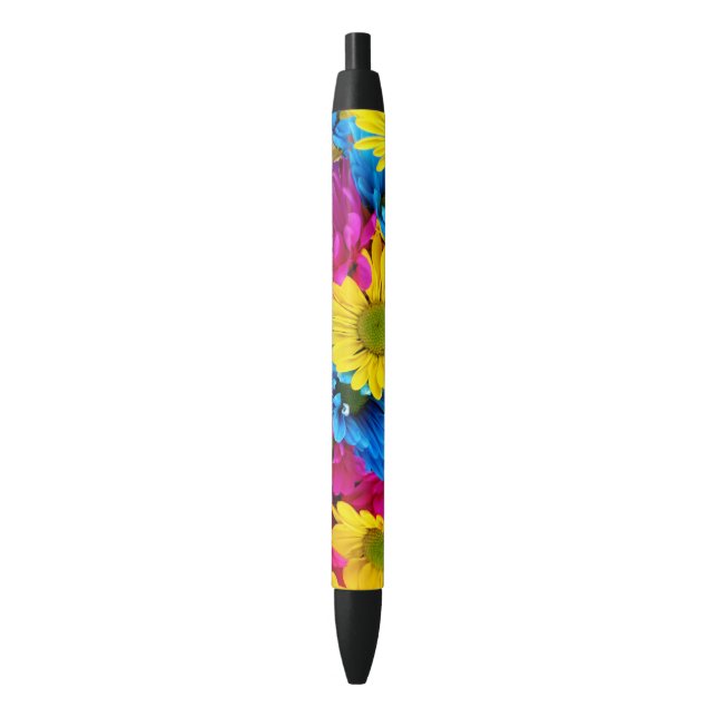 Colourful Flowers, Daisies - Blue Yellow Pink Black Ink Pen (Front Vertical)
