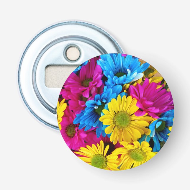 Colourful Flowers, Daisies - Blue Yellow Pink Bottle Opener (Front)