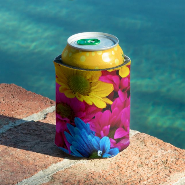 Colourful Flowers, Daisies - Blue Yellow Pink Can Cooler (In Situ Pool)